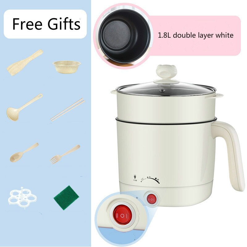 220V Mini Multifunction Electric Cooking Machine Single Double Layer Available Pot Multi Electric Rice Cooker Non-stick Pan: double layer white
