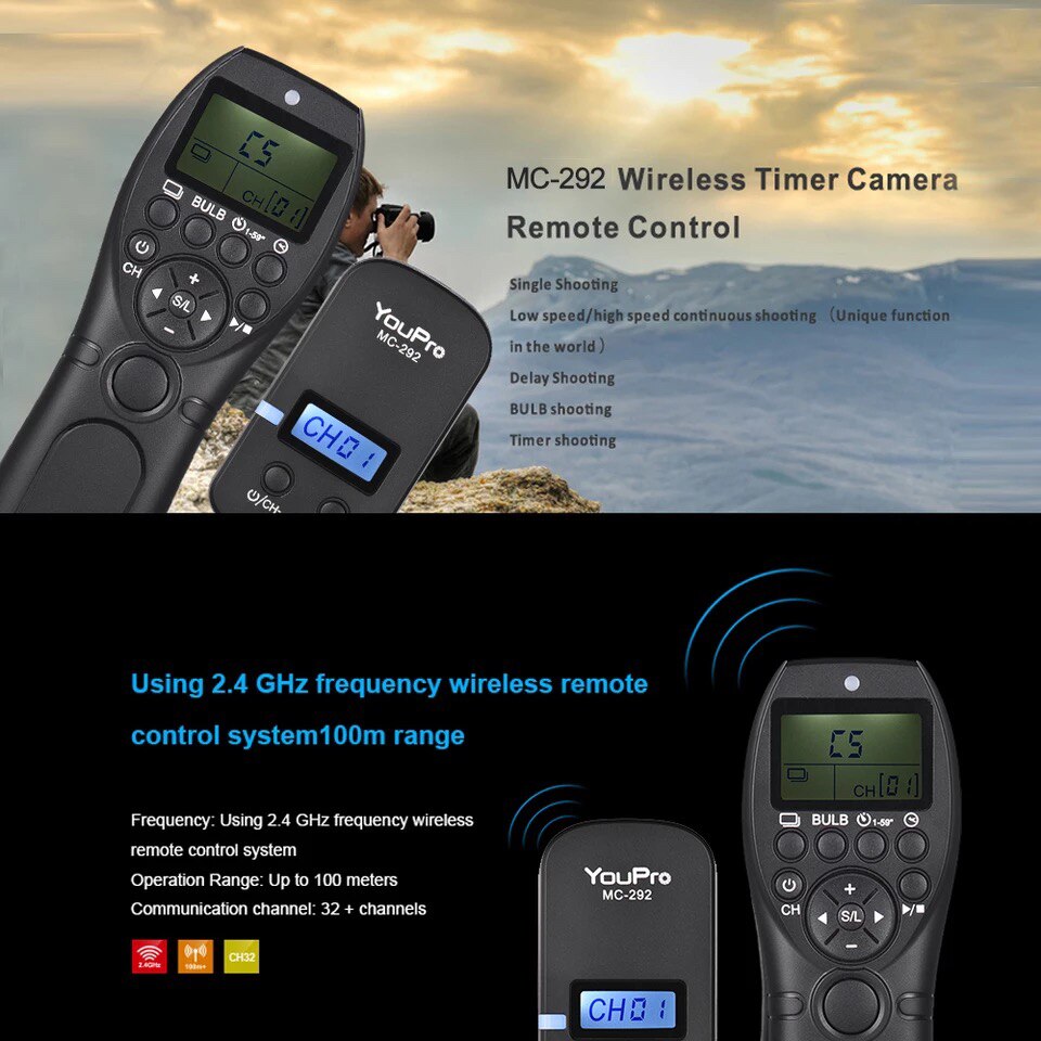 YouPro-disparador remoto inalámbrico MC-292 N3 para cámara Canon 7D 5D Mark ii 1D 6D 7D2 5D3 50D 40D 30D 10D