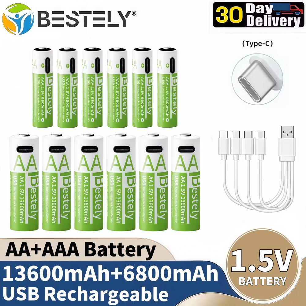 Li-ion AAA- en AA-oplaadbare batterijen USB Lithium-ion 13600mAh 1,5V AA oplaadbare batterijen + 6800mAh 1,5V AAA-batterij