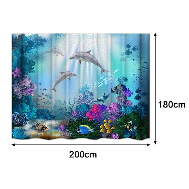 Ocean Dolphin Toilet Seat Waterproof Shower Curtain Set Toilet Cover Non-Slip Comfortable Bathroom Mat Bath Decoration: 2M x 1.8M Curtain