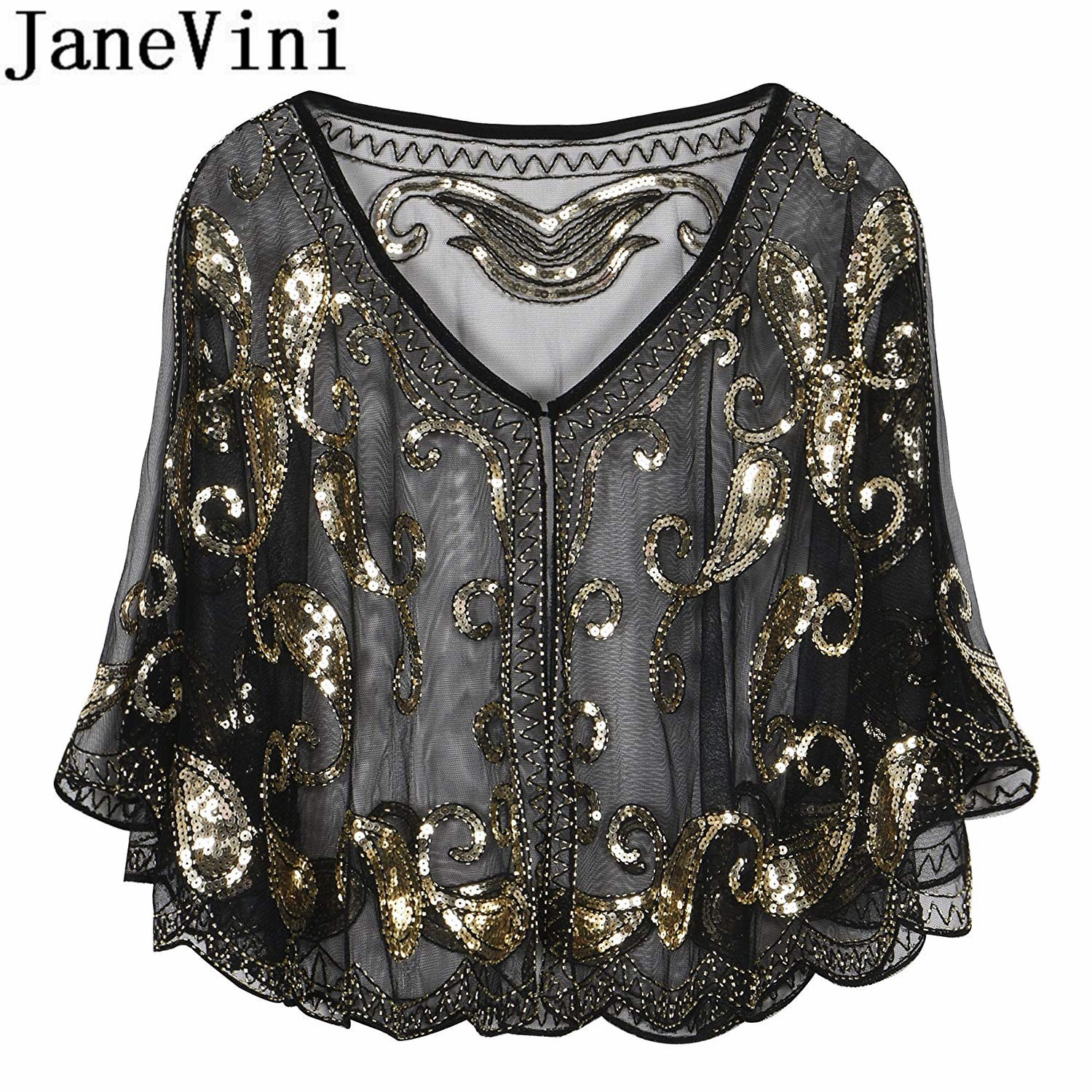 JaneVini paillettes scintillantes Capes de soirée pour femmes or noir perles fête de mariage enveloppes de mariée Boleros manteau étoles Cape de mariée