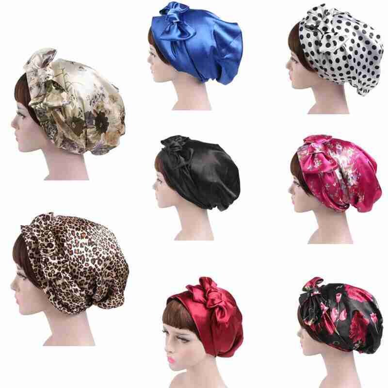 Soft Silk Women Night Sleep Shower Cap Adjustable Ladies Long Hair Care Bonnet Headwrap Hat Durag Soft Satin Hats Accessories