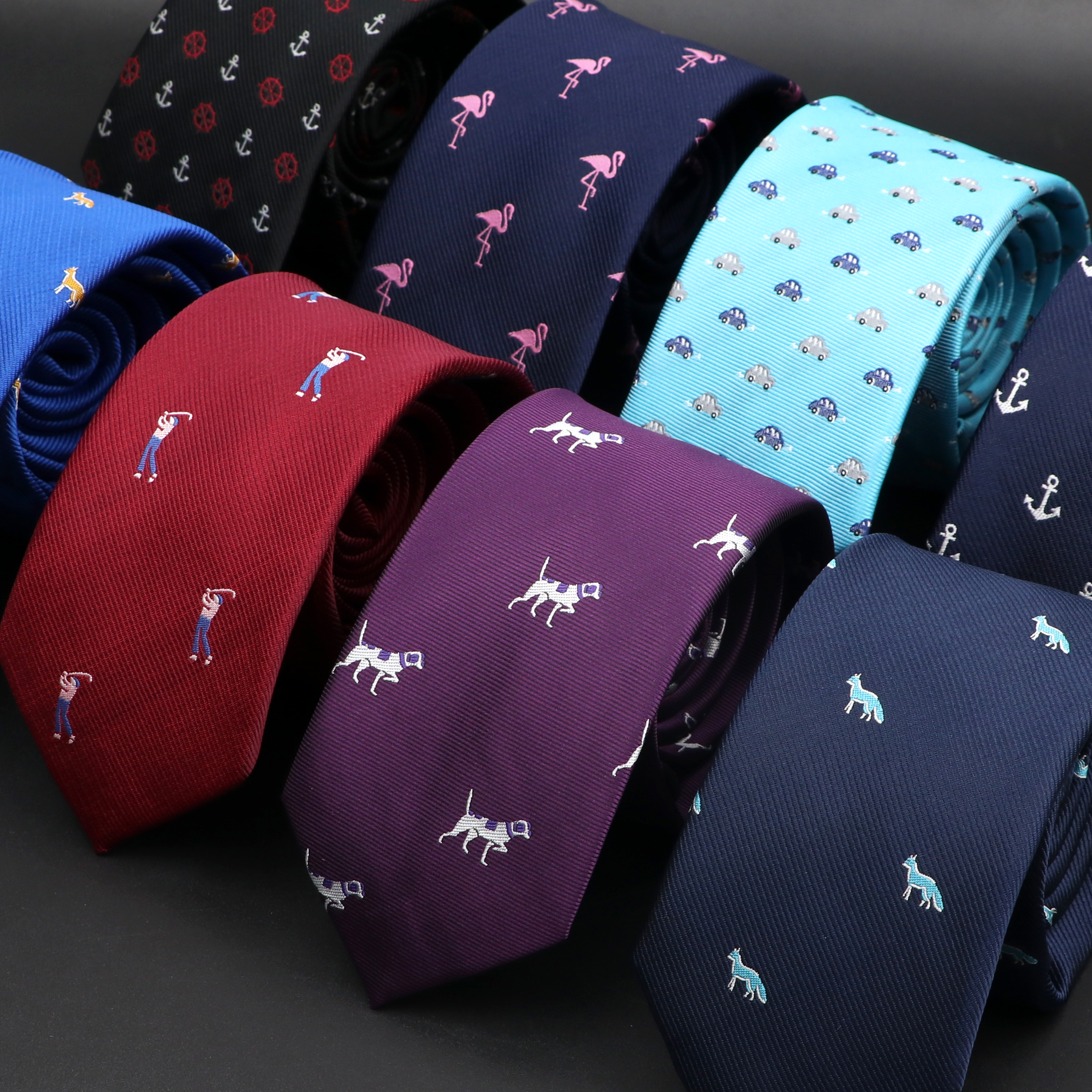 Jacquard 6cm corbata delgada para hombres coche perro mono patrón corbata rojo azul púrpura uso diario corbata de de boda