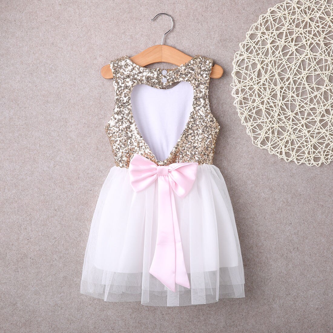 3-10Y Children Baby Girl Dress Clothing Sequins Party Gown Mini Ball Formal Love Backless Princess Bow Backless Gown Dress Girl