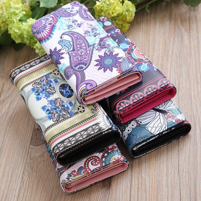 Damesportemonnee lang nationale stijl bedrukte portemonnee pu leren creditcardhouder clutch