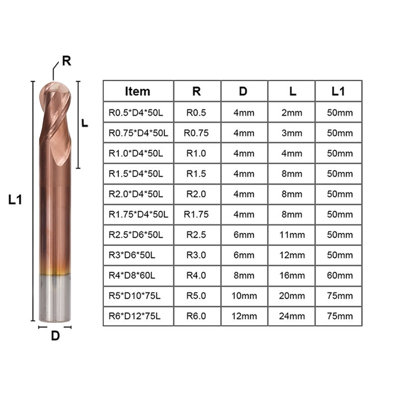 2 Flute End Mill CNC Ball Nose End Mill HRC 50 Router Bits TiCN Coating R0.5-6.0 Tungsten Carbide Engraving Milling Cutter