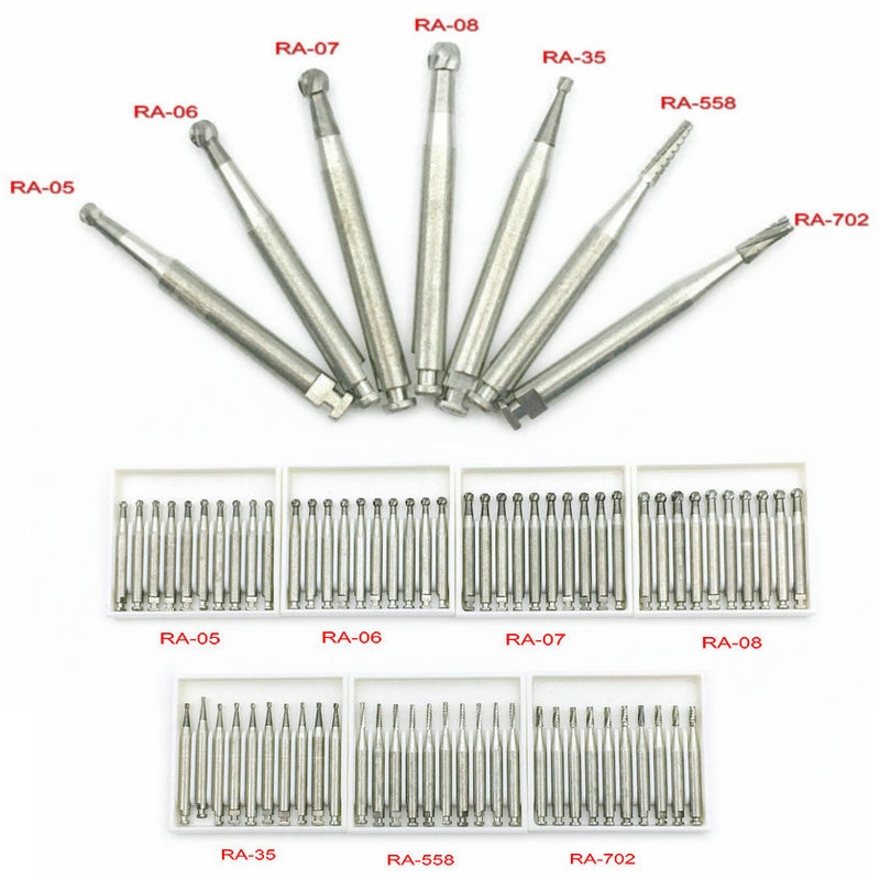 Fresas dentales de carburo de tungsteno de acero, para pestillo de baja velocidad, tipo RA-05, RA-06, RA-07, RA-08, RA-35, RA-558, 10 Uds.