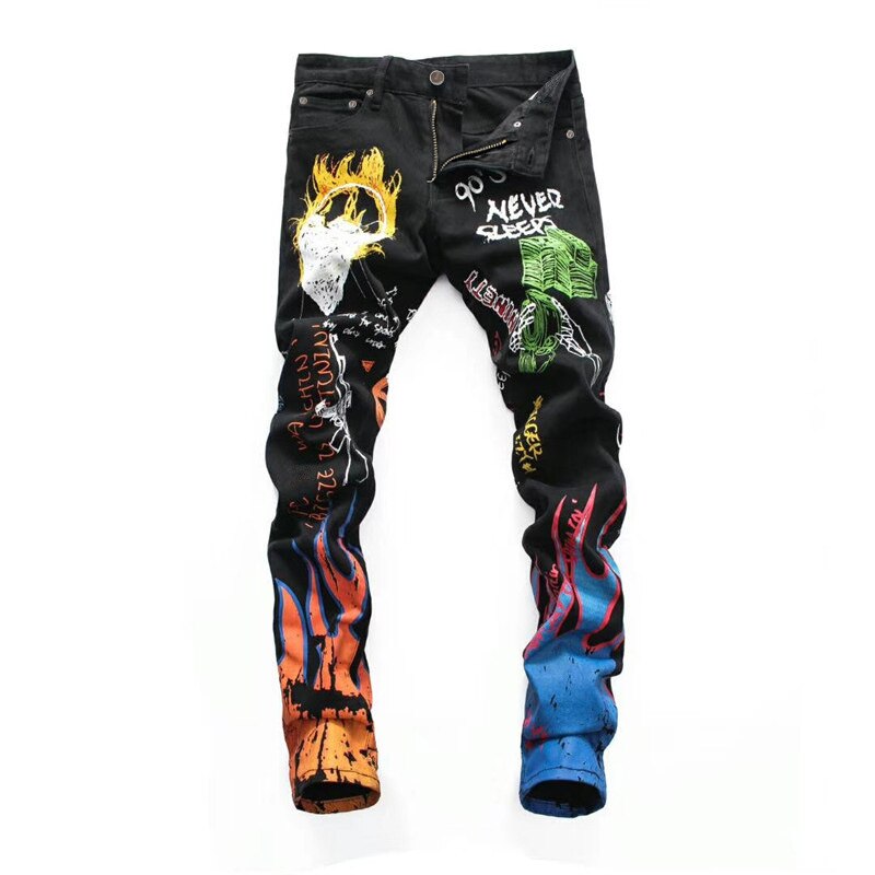 Streetwear heren jeans slim fit elastische persoonlijkheid bedrukte jeans heren nachtclub punk kokerbroek hiphop jeans: Zwart / 36 ( chinese maat)