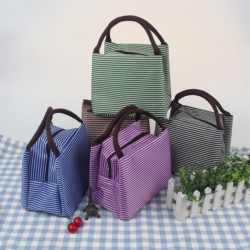 Fiambrera a rayas para mujeres, niños, hombres, bolso grande térmico, bolsas de almuerzo térmicas para alimentos, bolsas impermeables con asa para llevar loncheras