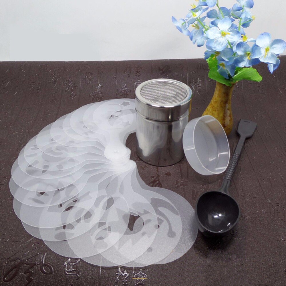 Stainless Steel Chocolate Shaker Duster + 16pcs Cappuccino Coffee Stencils + Measure Spoon Coffee Tea Tools