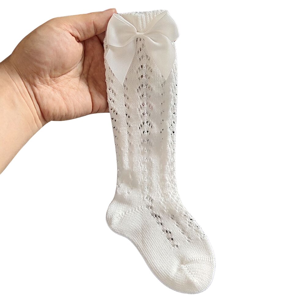 Baby pige ensfarvet knæhøje sokker åndbart skridt udhulet rørstrømper med sød sløjfe til spædbørn småbørn: Hvid / 1-3y