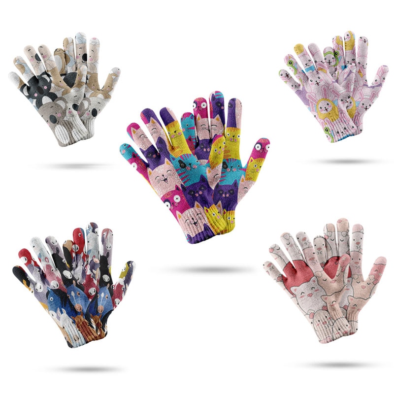 Vinter dejlige handsker kvinder mænd forår og efterår stretch strik vanter 3d print fuld finger guantes kvindelige hæklede handsker