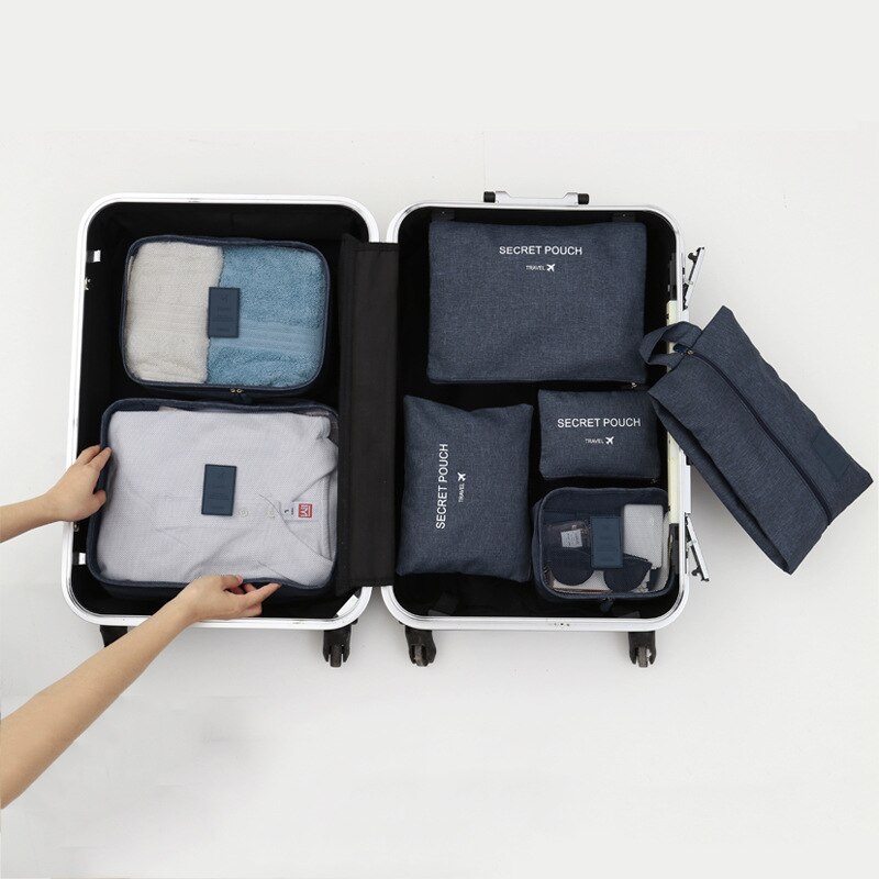 Nova 7 pçs/set De Armazenamento Roupas Íntimas Saco de Viagem Portátil Bagagem Organizador Roupas de Alta Qualidade de Acabamento Conjunto de Malha Saco De Viagem: Azul profundo