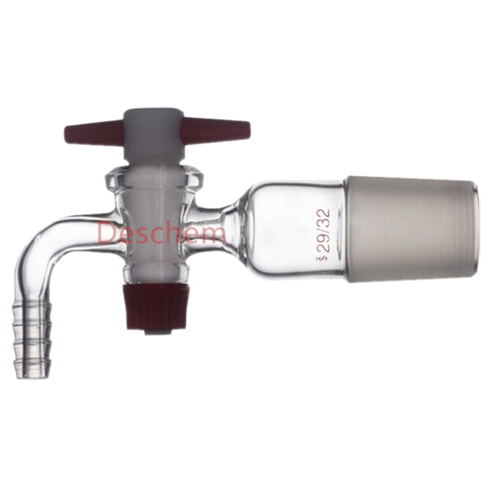 Adaptador de vacío de vidrio 29/32, llave de paso Lab PTFE, conexión de manguera 90-bent 10mm