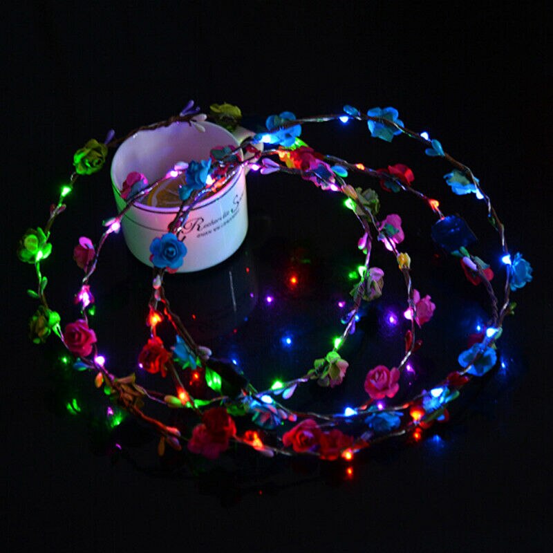 Wedding Xmas Party Crown Flower Headband LED Light Up Hair Wreath Hairband