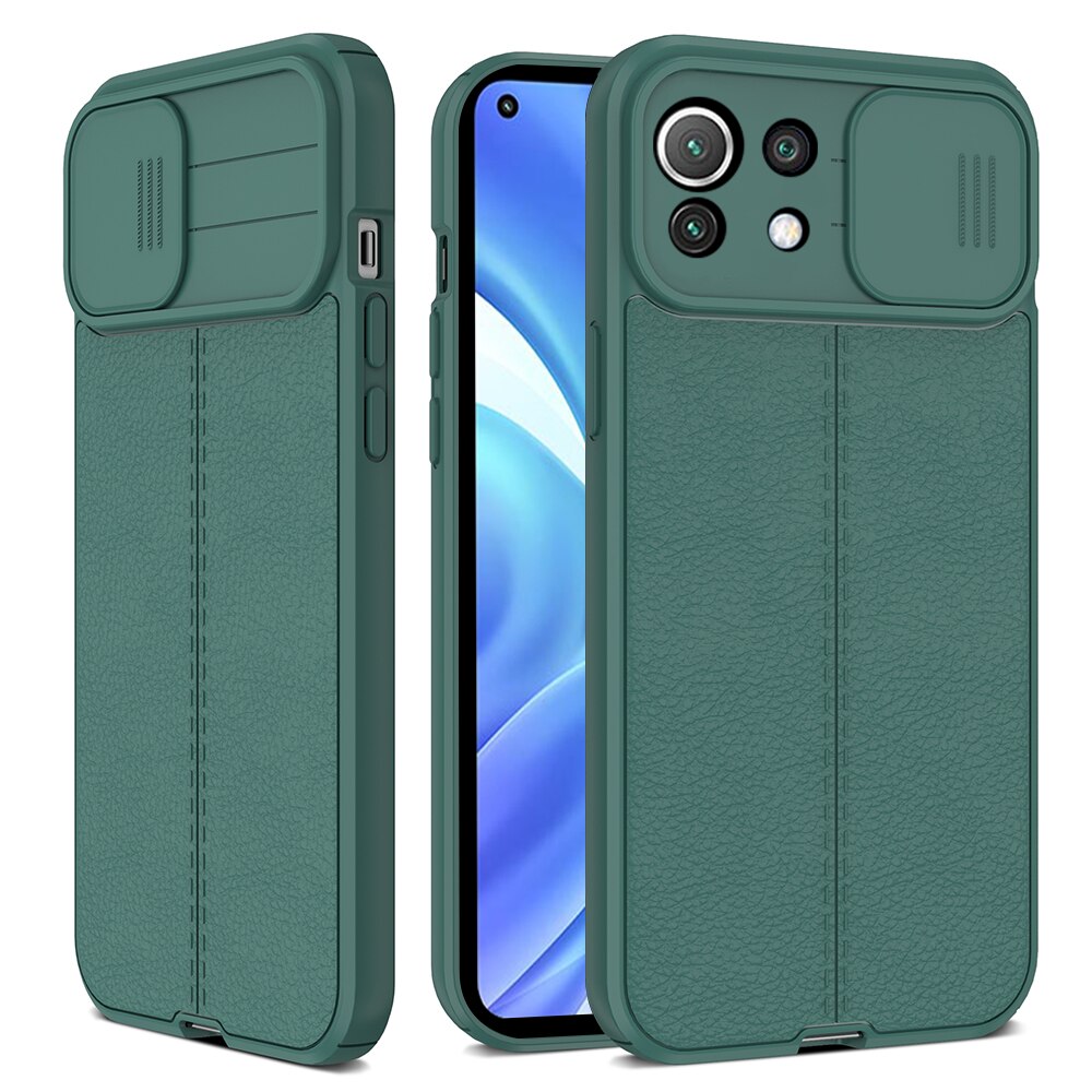 Lychee Pattern PU Leather Back Cover For Xiaomi Mi 11 Lite 5G NE Push Camera Protect Case Xiomi Mi11 Light 11Lite Silicone Cover: For Mi 11 Lite 4G / Dark green-05