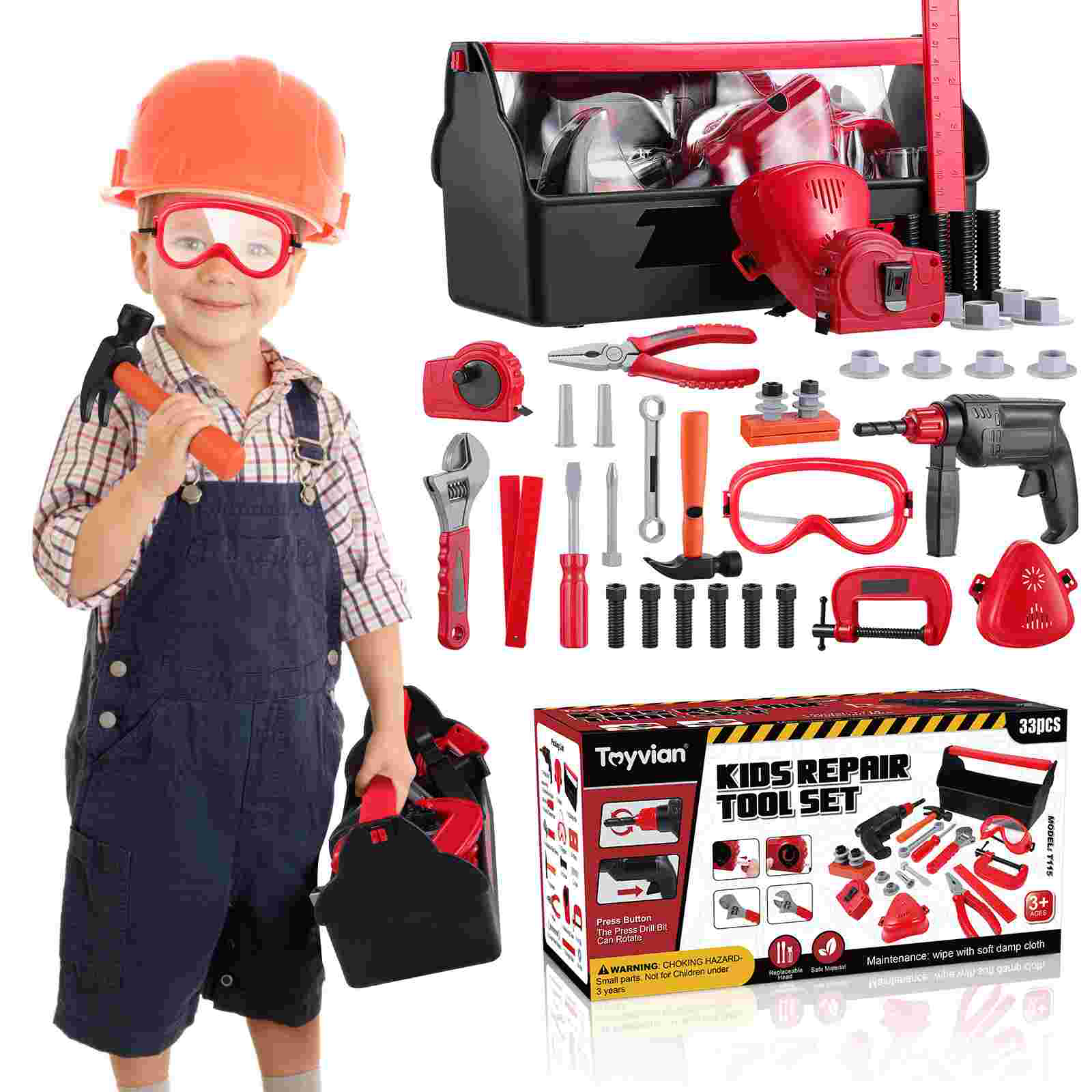 Set di strumenti per la riparazione dei bambini toyviano 33PCS fai finta di giocare Kit di costruzione con cassetta degli attrezzi per bambini regalo per bambini