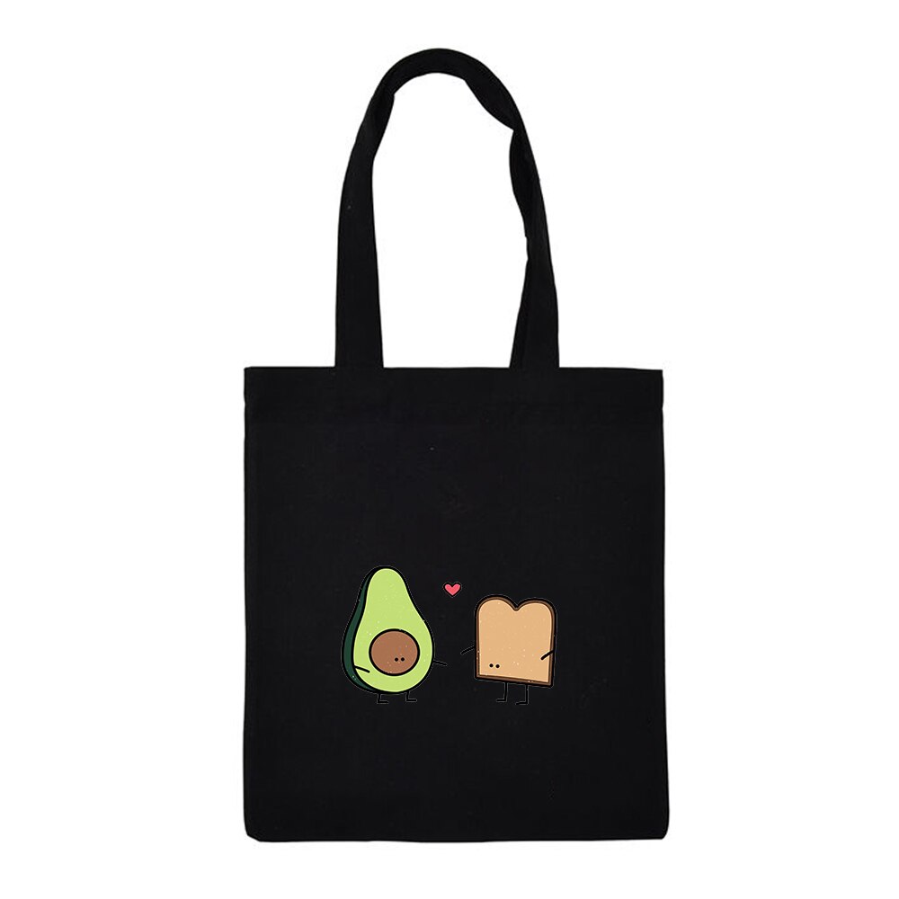 Cute Couple Avocado Print Large Capacity Canvas Tote Bag Cotton Cloth Reusable Shopping Bag Women Beach Handbags Shopping Bags: A216BLACK