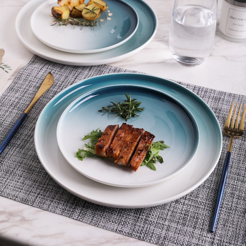 Gradient Two-color Western Steak Ceramic Plate Household Porcelain Large Dishes Nordic Restaurant Chinaware Dessert Tableware