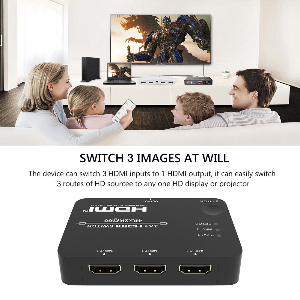 4K 2K 3x1 HDMI Switcher Splitter 3 in 1 out 1080P Video 3 Port Adapter Box HDMI Switcher Splitter Supports Ultra HD 4K 1080P