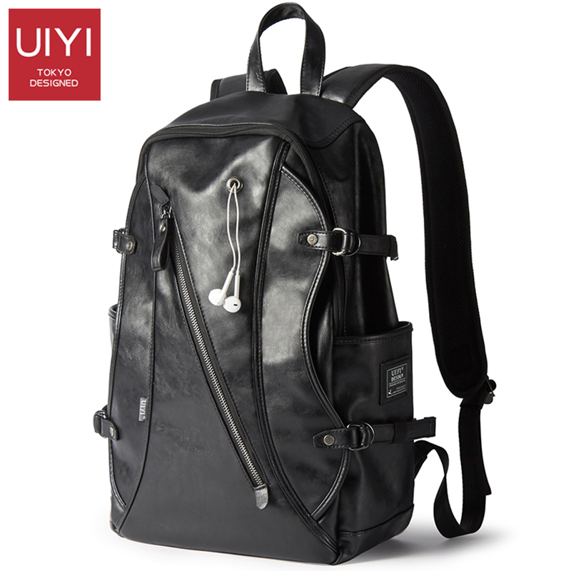 UIYI Korean men's backpack PU leather camouflage backpack large capacity school bag travel laptop bag Headphone hole mochilas