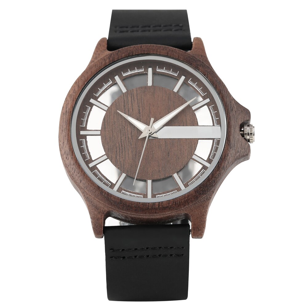 Ebony wood ur herre gennemsigtig hul urskive træure analogt ur vintage quartz armbåndsur reloj de madera: Kaffe