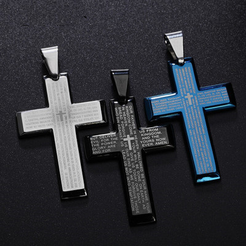 Retro Christian Jesus Single Titanium Scripture Cross Necklace Stainless Steel Black Prayer Choker Cross Pendants For Men Colar