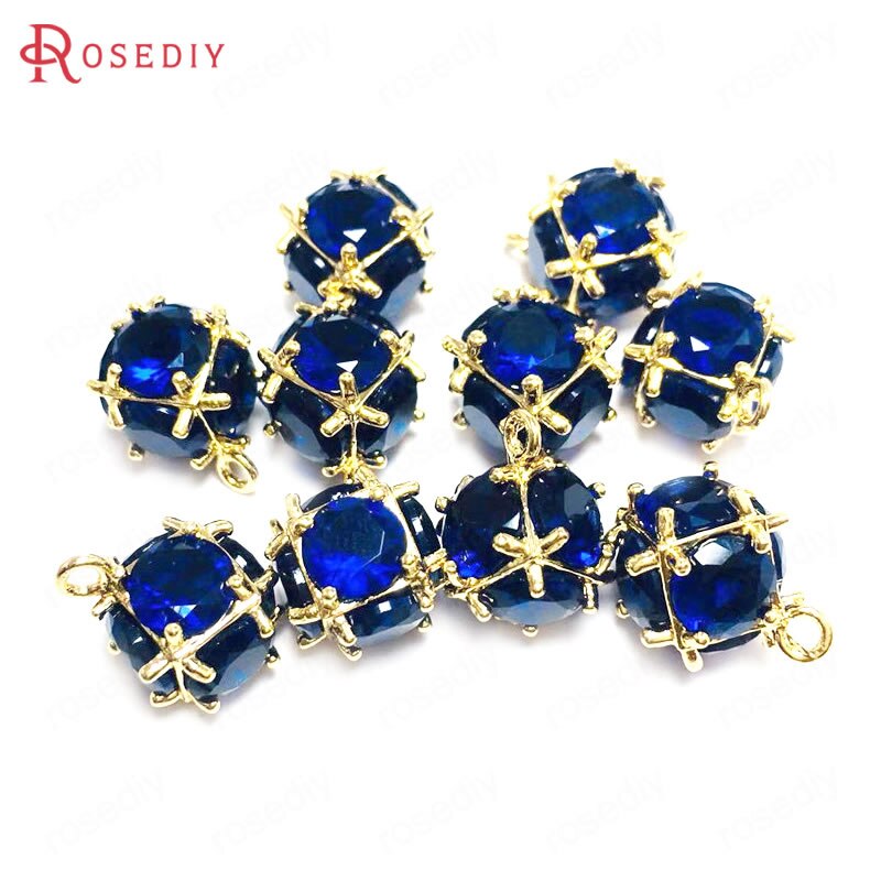 (38109)6PCS Zircon 4MM or 6MM 24K Champagne Gold Color Brass and Zircon Cube Charms Pendants Jewelry Making Supplies Accessories: Sapphire Blue / Cube 8-9MM