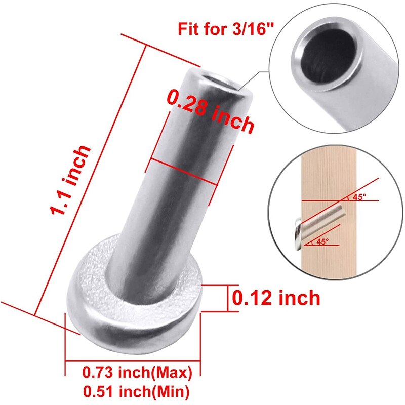 45 Degree Stainless Steel Angle Beveled Protector Sleeves Wood Post for 1/8,5/32,3/16inch Wire Rope Cable Railing