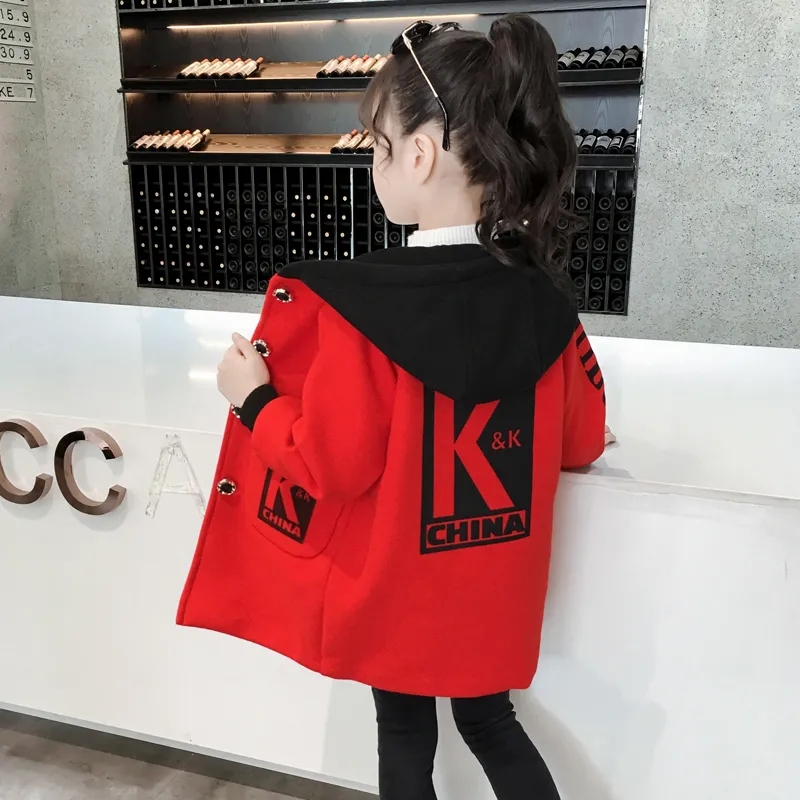 Giacca invernale in lana e misto per ragazze nuova versione coreana cappotto addensato moda abbigliamento per bambini Slim Casual con cappuccio di media lunghezza