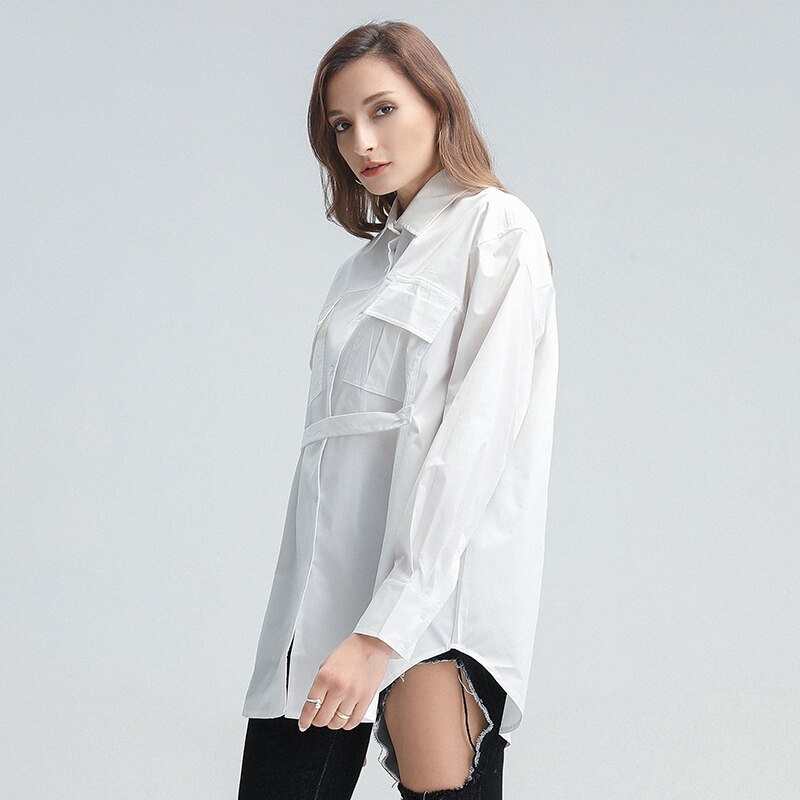 TWOTWINSTYLE Casual Loose Shirt For Women Lapel Long Sleeve Lace Up Patchwork Shirts Female Clothing Autumn