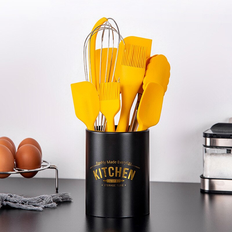 Herramientas de cocina de silicona resistentes al calor, espátula antiadherente, tenacillas giratorias, cuchara para sopa, pala, cepillo de aceite, caja de almacenamiento de utensilios de cocina