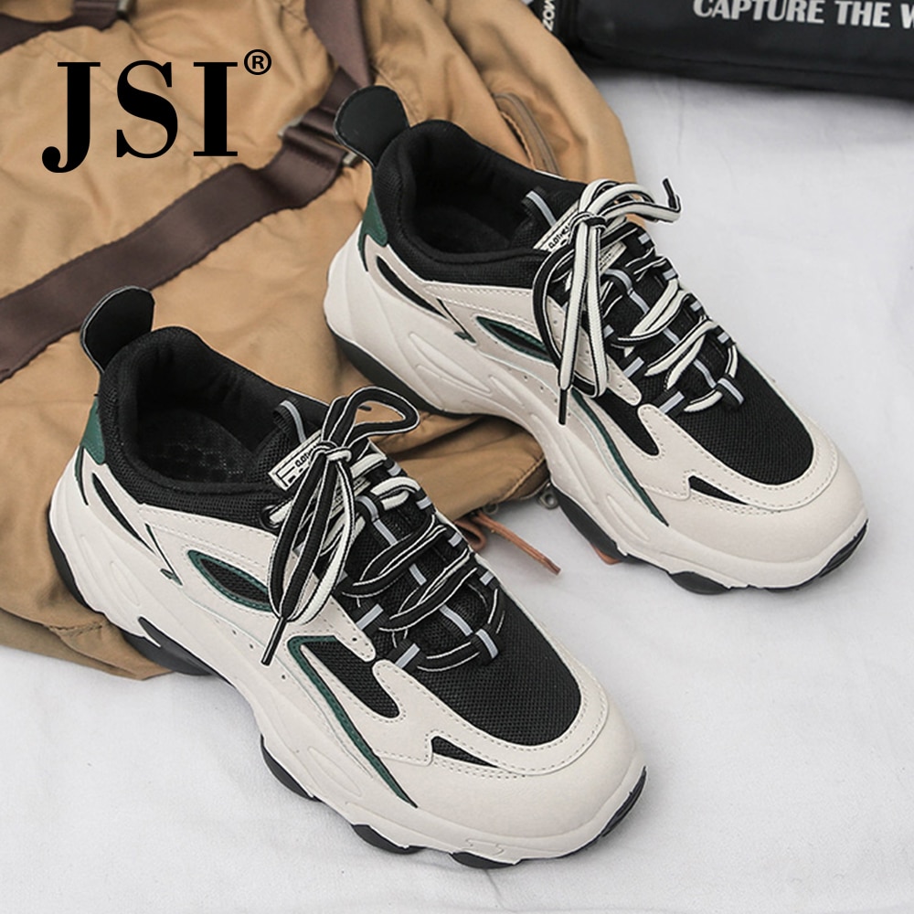 JSI Women Chunky Flat Platform Sneakers Round Toe Lace-Up Mixed Colors Air Mesh Casual Shoes Narrow Band Breathable Sneakers JY2