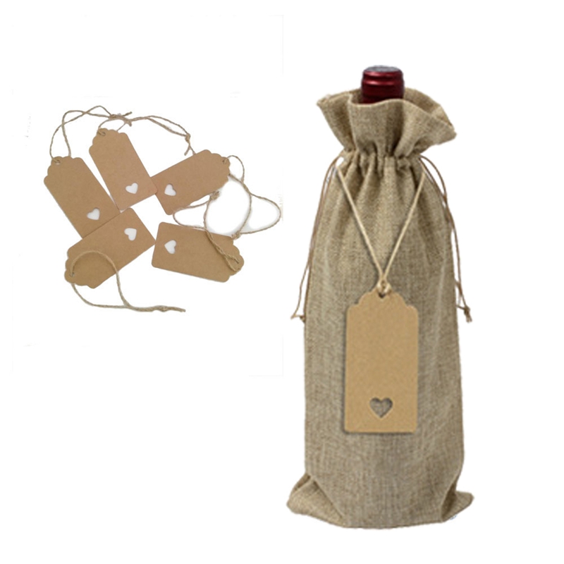 Bolsas de arpillera para botellas de vino, bolsas de yute con cordones, reutilizables, para de vino con etiquetas, para o ciega, 12 piezas