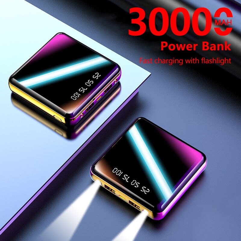 Square Power Bank 30000mAh Mobile Phone Fast Charger External Battery 2USB LED Lighting Outdoor Travel Charger for Smartphones