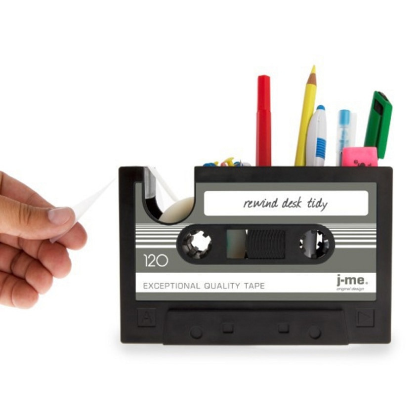 Retro kassette tape dispenser pen holder blyant arrangør container skrivebord pen holder tape cutter kontor papirvarer leverandør
