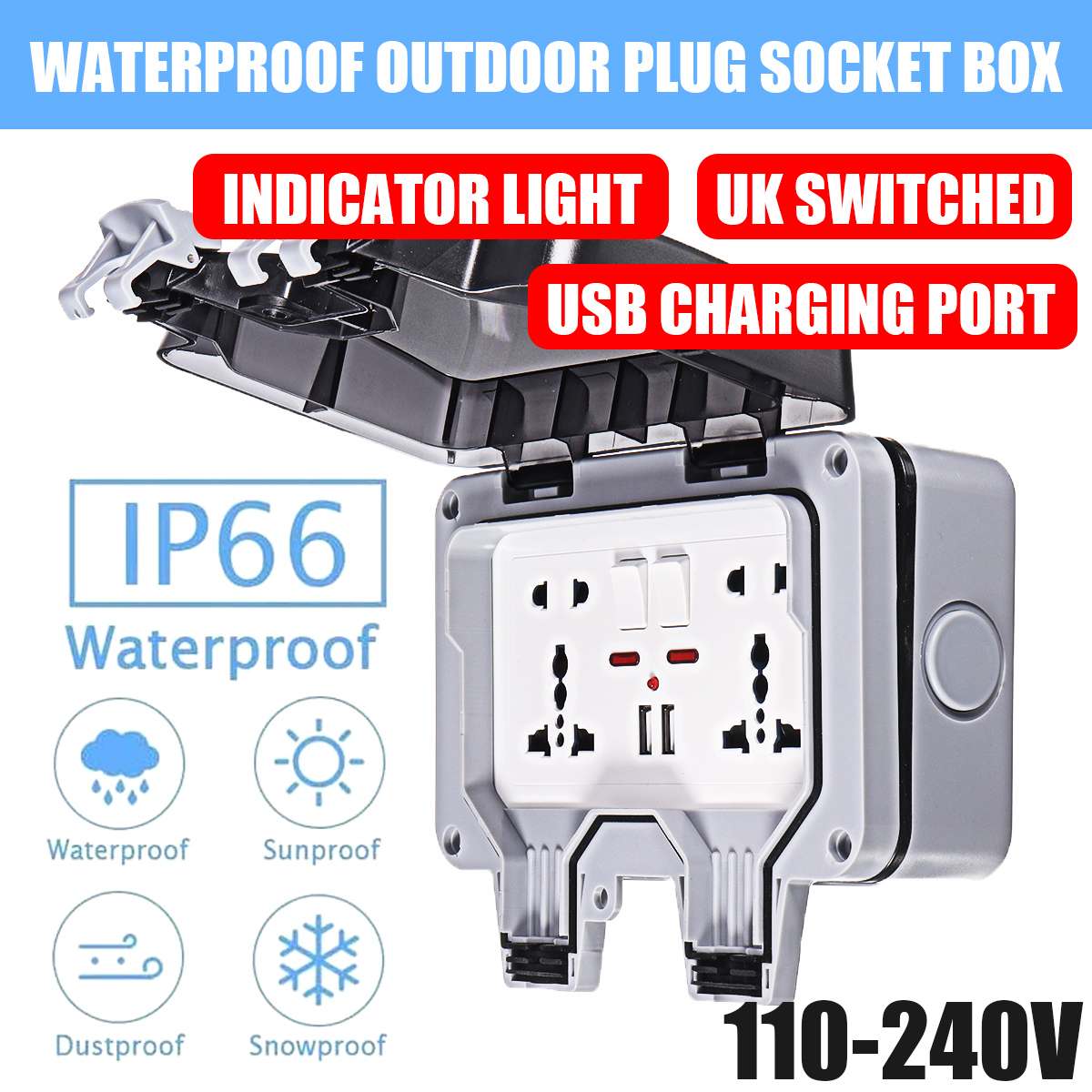 IP66 Weatherproof Waterproof Outdoor BOX Wall Socket 13A Double Universal / UK Switched Outlet With USB Charging Port