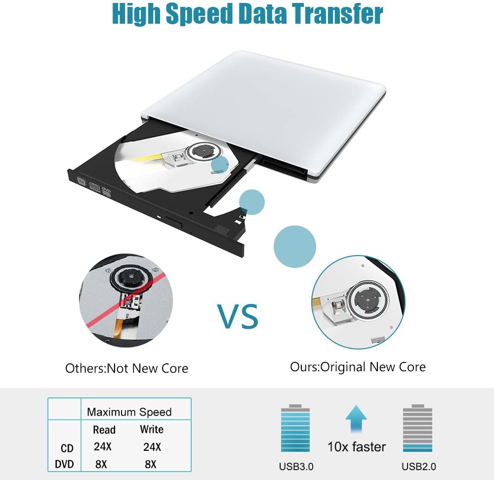 Unidade óptica externa ultrafina com gravador de cd/dvd, usb 3.0,  em liga de alumínio, compatível com cd+/-rw e dvd+/-rw para laptops e pcs.