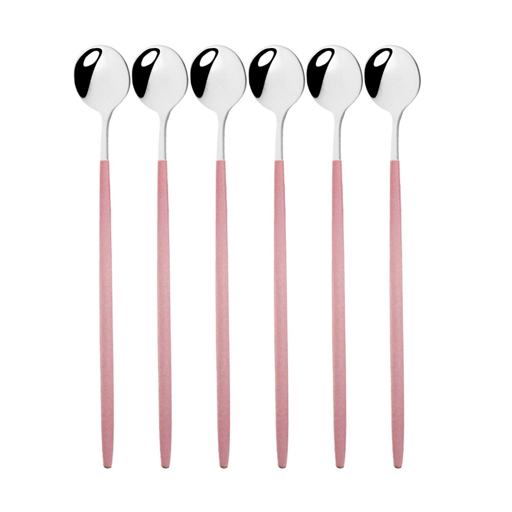 6Stck Schwarz Lange Hangdle Löffel Für Poliert Rühren Trinken 304 Steainless Stahl Geschirr Geschirr Besteck Eis Löffel einstellen: 6Stck Rosa Silber-