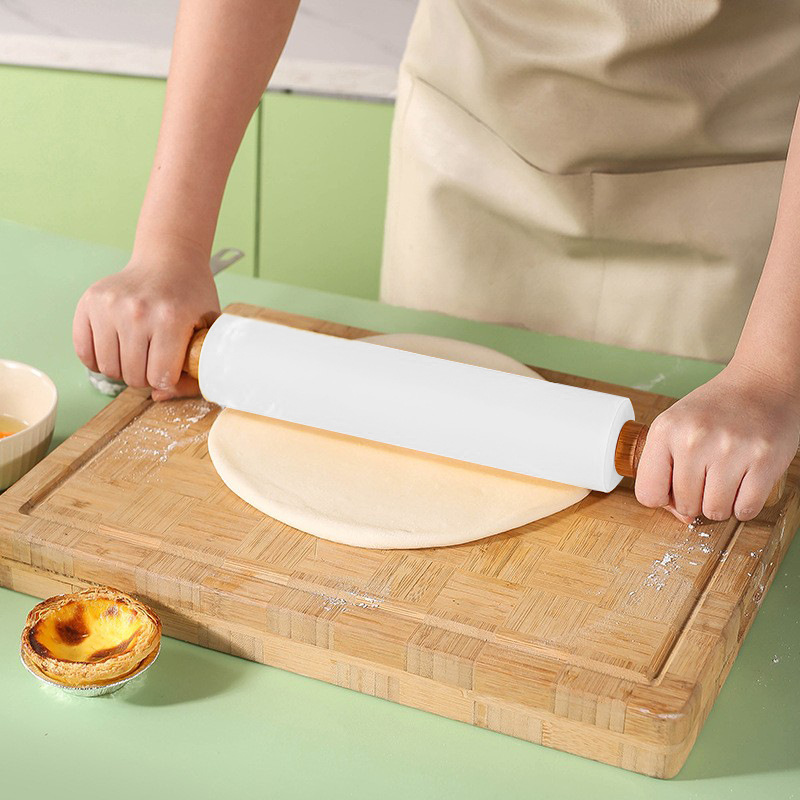 Non-Stick Silicone Rolling Pin Wooden Handle Pastry Dough Flour Roller Kitchen Cooking Baking Tool For Pasta Cookie Dough