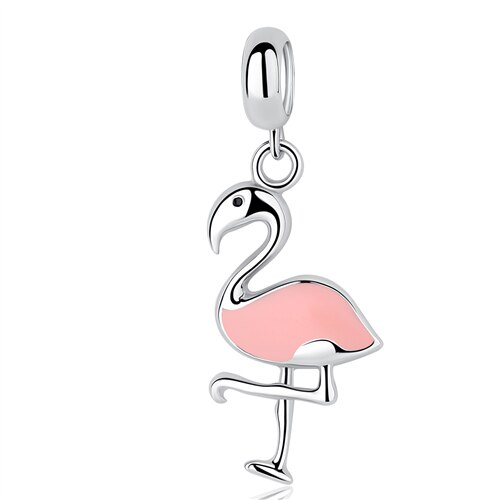 Novo 925 Sterling Silver Bead Rosa Flamingo & Papagaio Colorido Pingente Encantos De Cristal Beads Fit Pulseiras Jóias Originais: pink bird