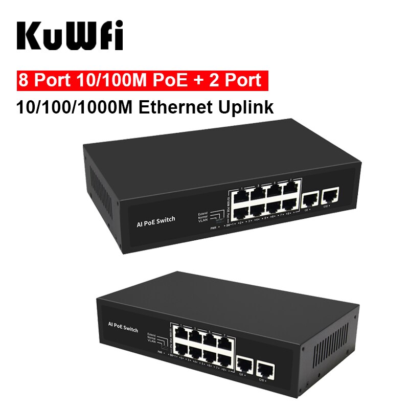 Uplink Ethernet 10/100M POE 2 porte 10/100/1000M a 8 porte con VLAN estendere Switch di rete 250m per telecamera IP CCTV Wireless