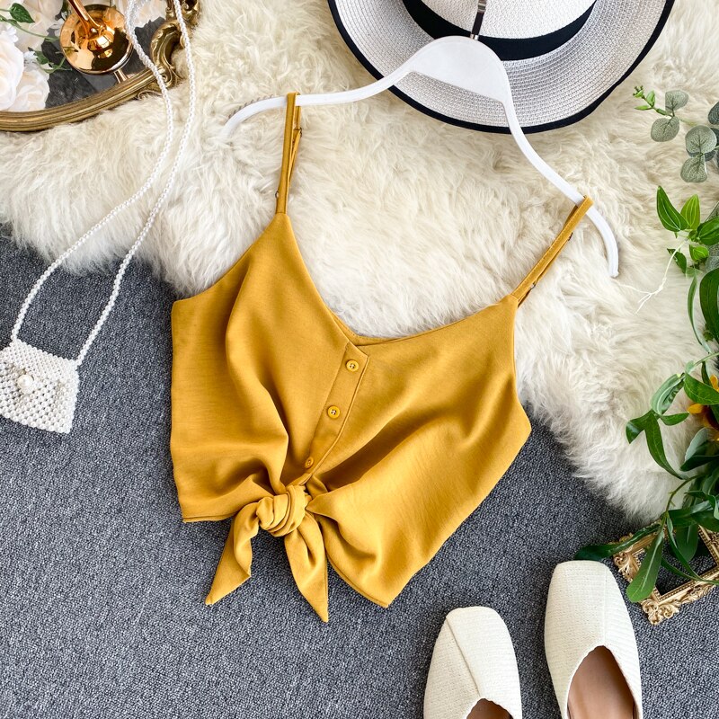 Kvinde street-wear sexet strop top v-hals rygløs crop top koreansk stil solid knap slanke korte tank tops
