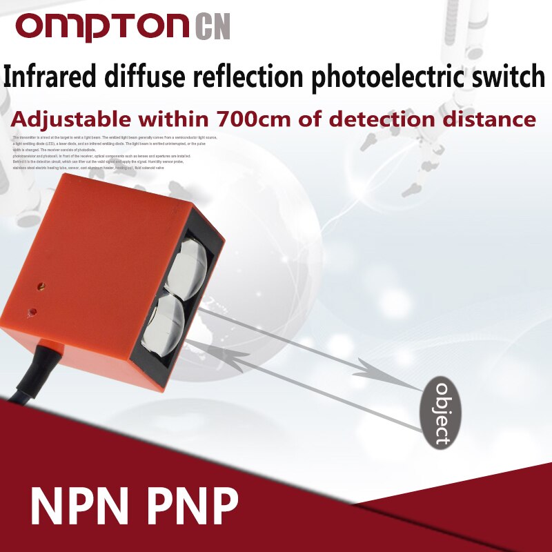 Infrared diffuse reflection photoelectric switch NPN/PNP, NO/NC 0-700cm (Adjustable range 40-700cm)