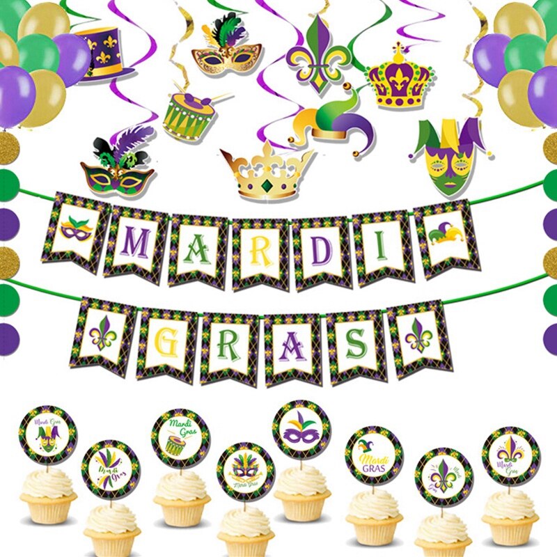 MARDI GRAS Carnival Theme Birthday Party Decoration Cake Topper Banner PVC Spiral Pendant Latex Balloon Supplies: set