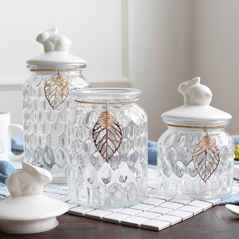 Luxe Transparante Glazen Pot Snoep Met Keramische Konijn Cover Bruiloft Decoratie Fles Keuken Diverse Graan Opslagtank
