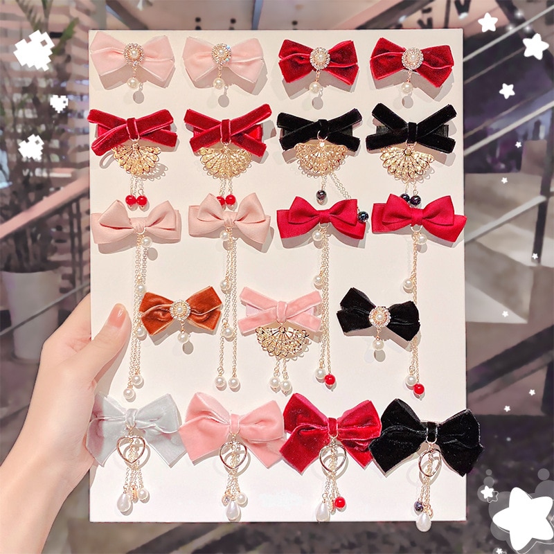 Coreano veludo arco hairpins crianças tecido borla pérola grampos de cabelo artesanal moda jóias headpiece acessórios para o cabelo das meninas