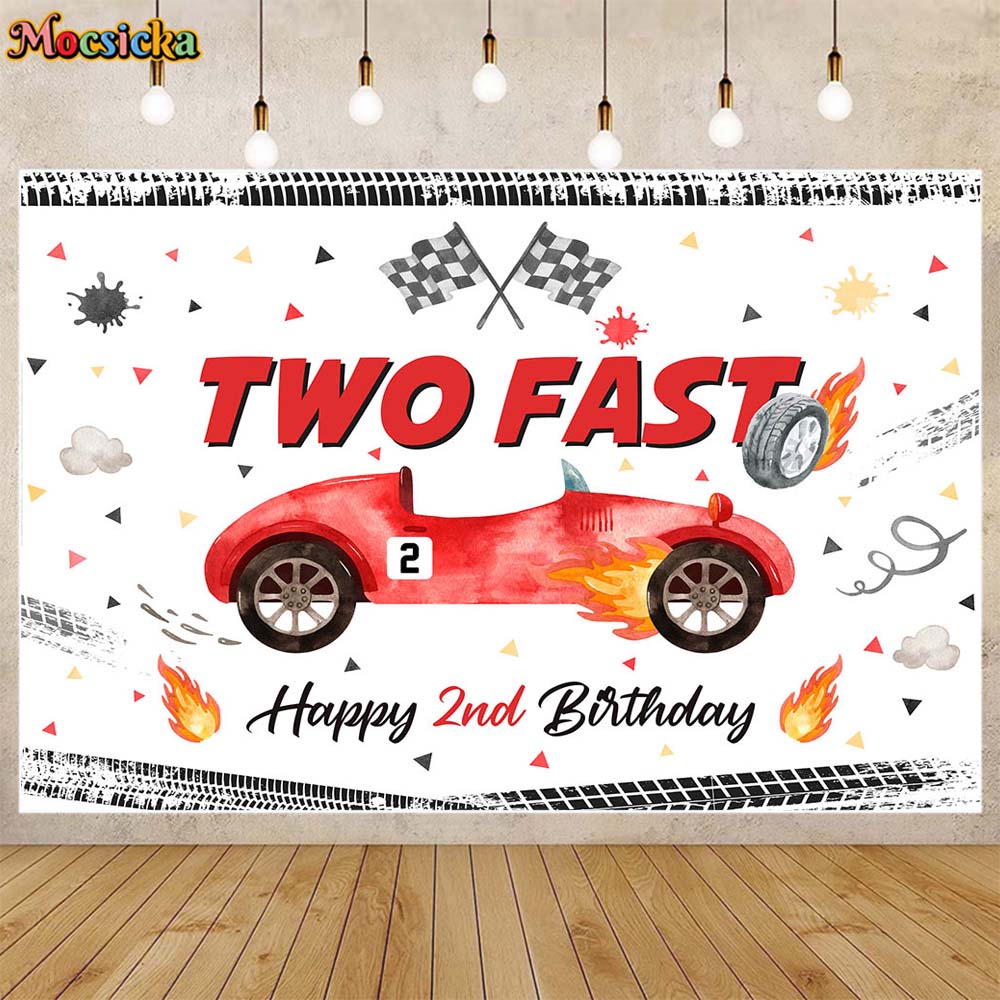 Mocsicka DUE VELOCE Felice 2° Compleanno Sfondo fotografico Rosso Auto da corsa Ragazzo Compleanno Festa Decor Sfondo fotografico Banner personalizzato