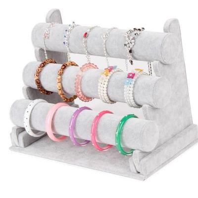 BUENOS Vintage PU Leather / Velvet T-Bar Rack Bracelet Chain Watch Jewelry Organizer Holder Jewelry Display Stand: grey3