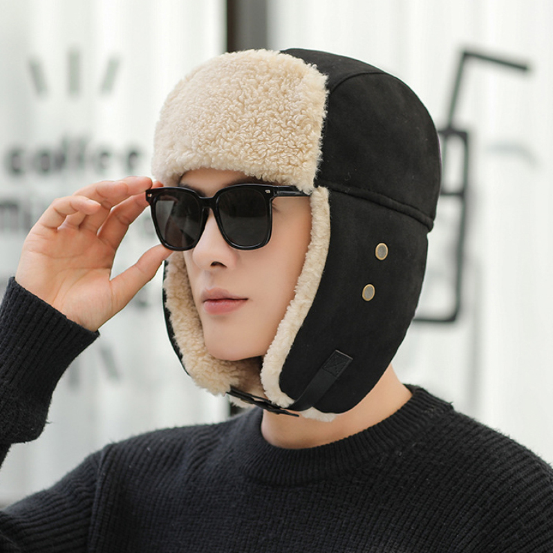 HT3998 Winter Hat Men Women Thick Warm Earflap Hat Male Windproof Ski Russian Cap Female Russian Hat Trapper Cap Bomber Hat: black